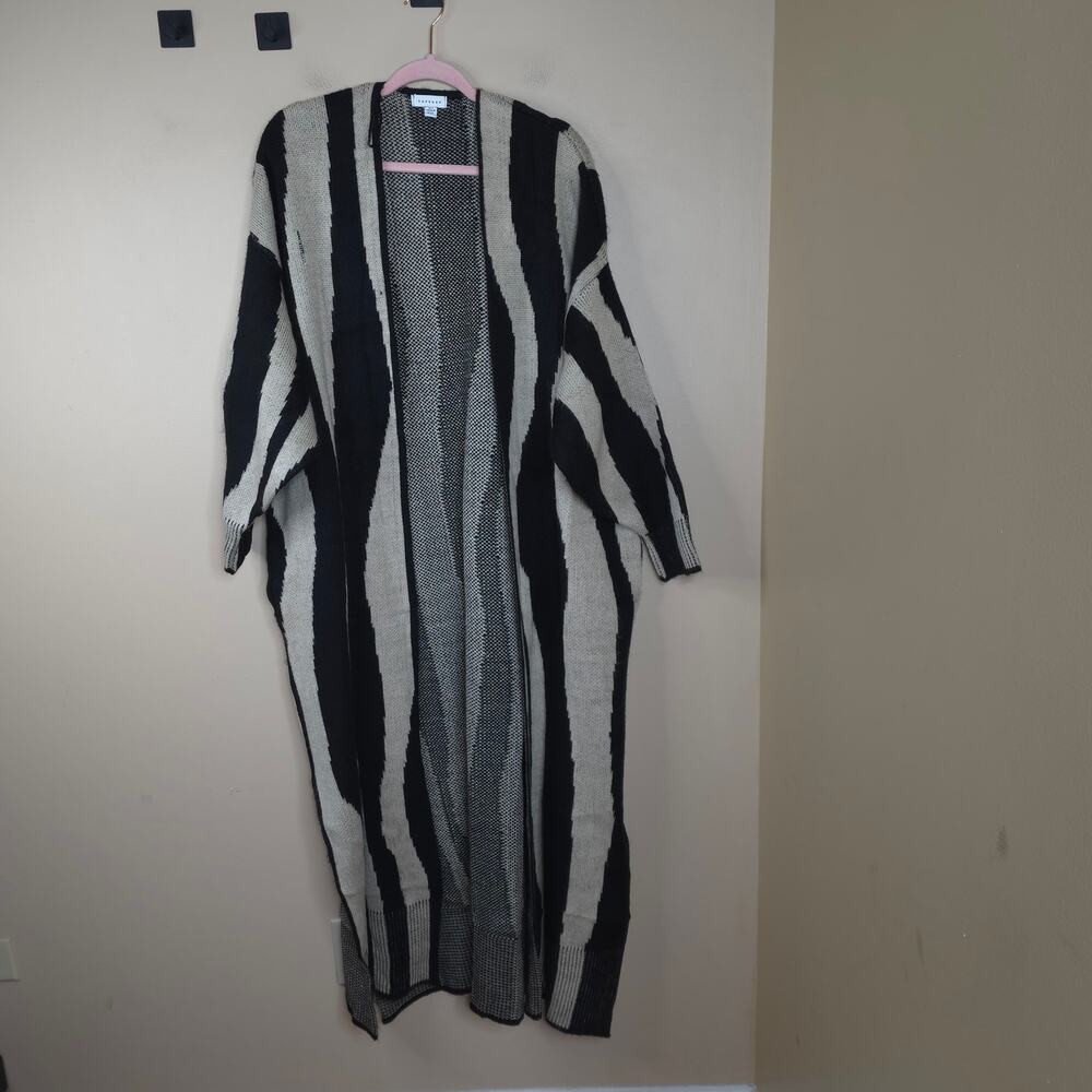 Topshop Long Line Maxi Open Front Cardigan Wool Blend in Stripe Size 4-6